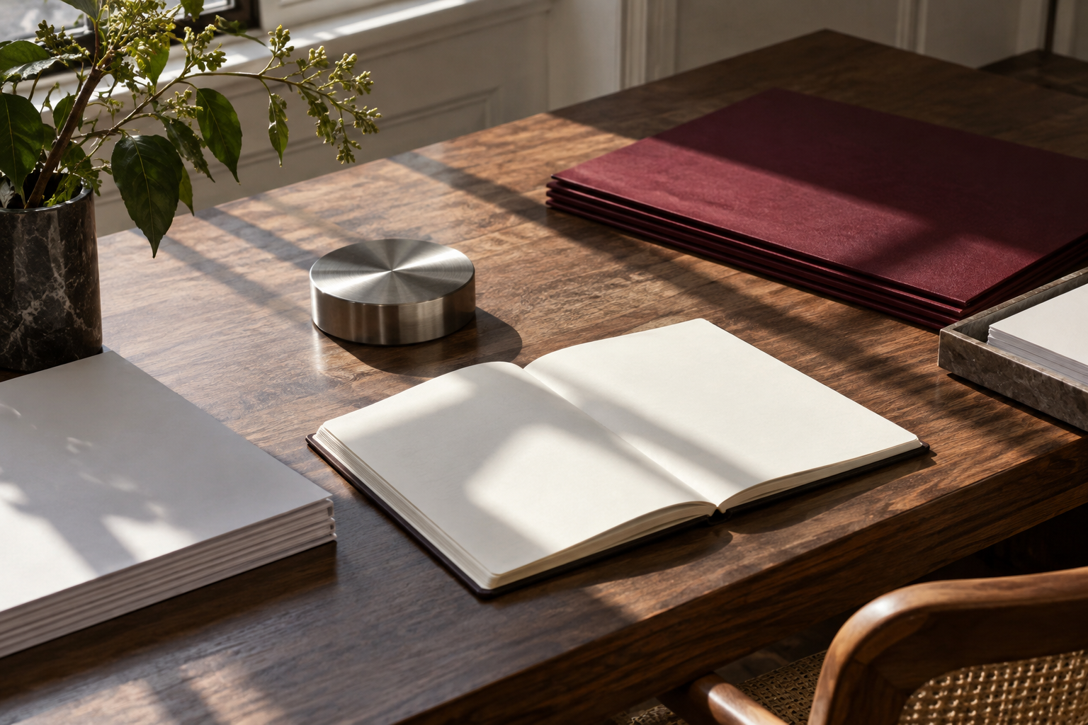 Research folders and a notebook on a sunlit desk